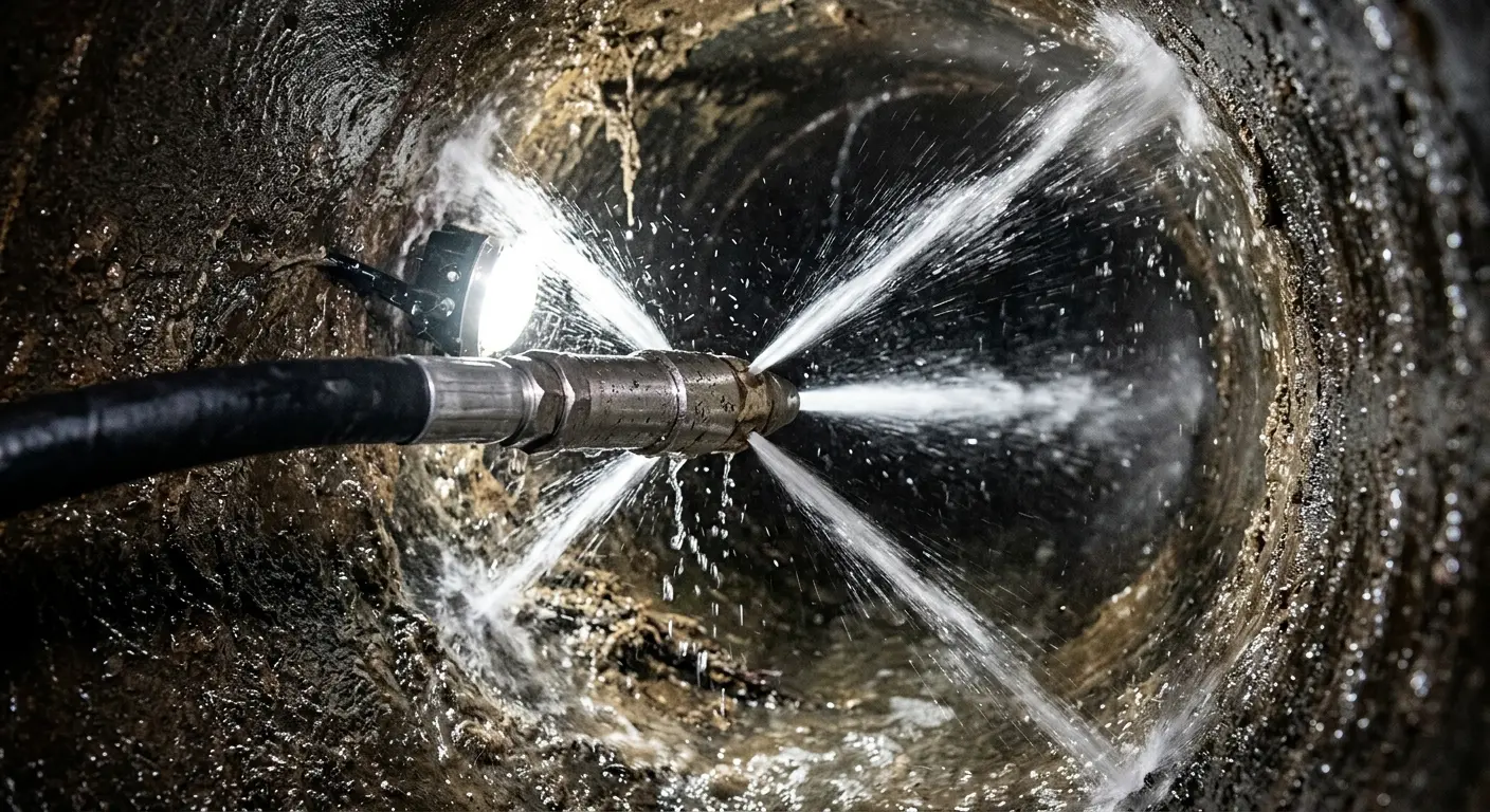High-pressure hydro jetting nozzle cleaning sewer pipe for Trenchless Sewer Repair in Springdale