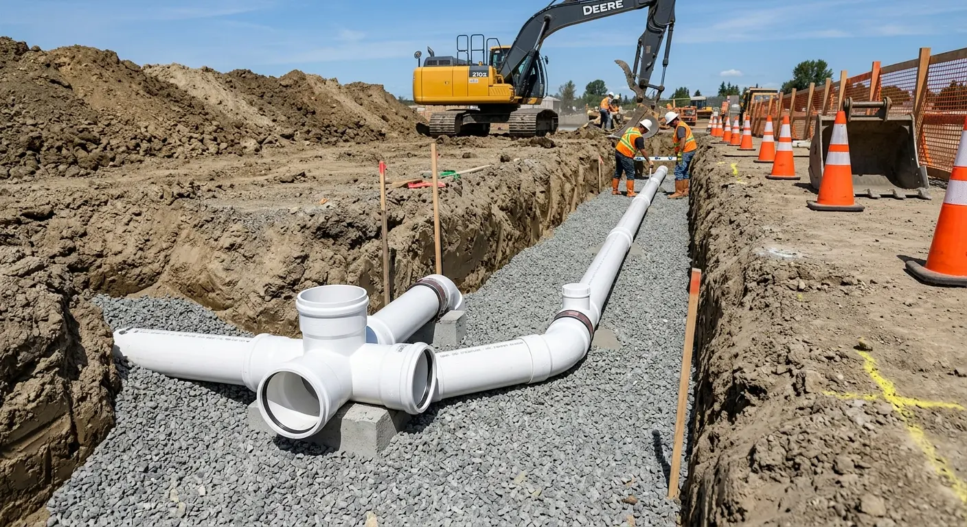 New PVC sewer pipe installation in open trench for Commercial Drain Cleaning in Springdale