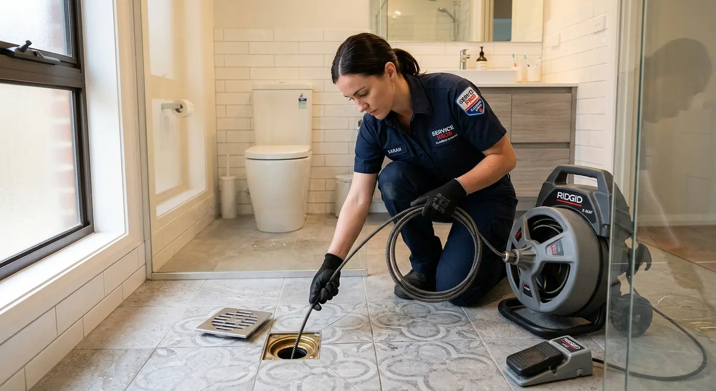 Technician clearing a bathroom floor drain for Drain Repair in Springdale